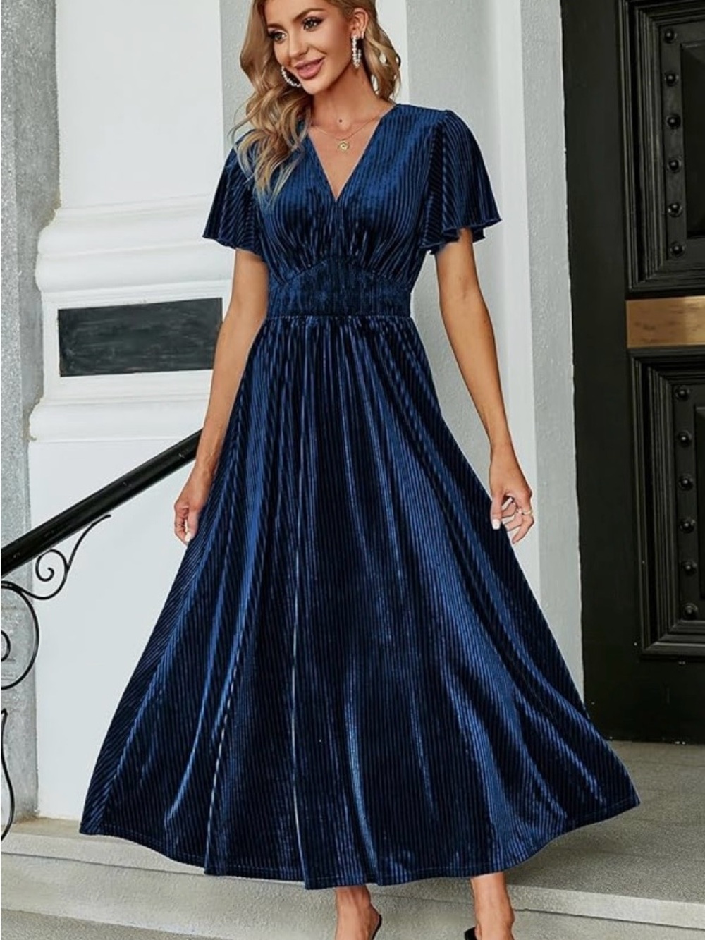 Elegant Navy Blue Velvet V-Neck Women’s Dress